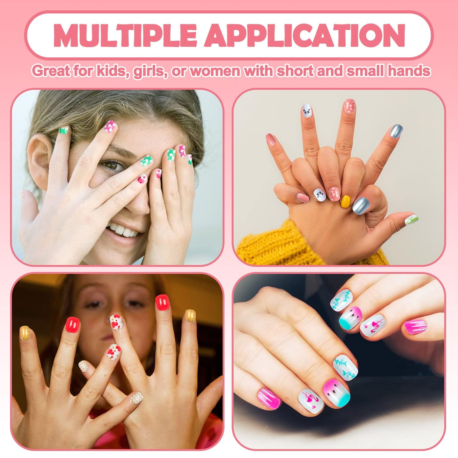 Labeol kids fake nails showcase bright colors and cute patterns for playful styles.