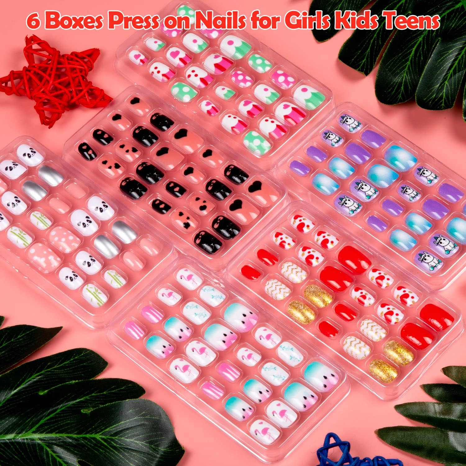 Labeol kids fake nails include glue tabs for quick, kid-friendly application.