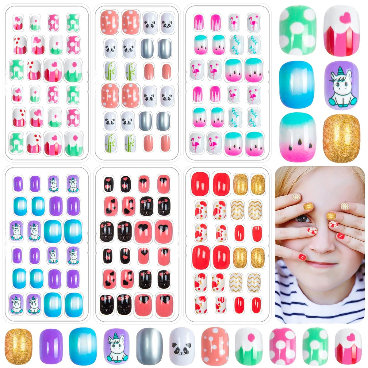 Labeol kids fake nails six boxes on display for easy selection and imaginative nail art.
