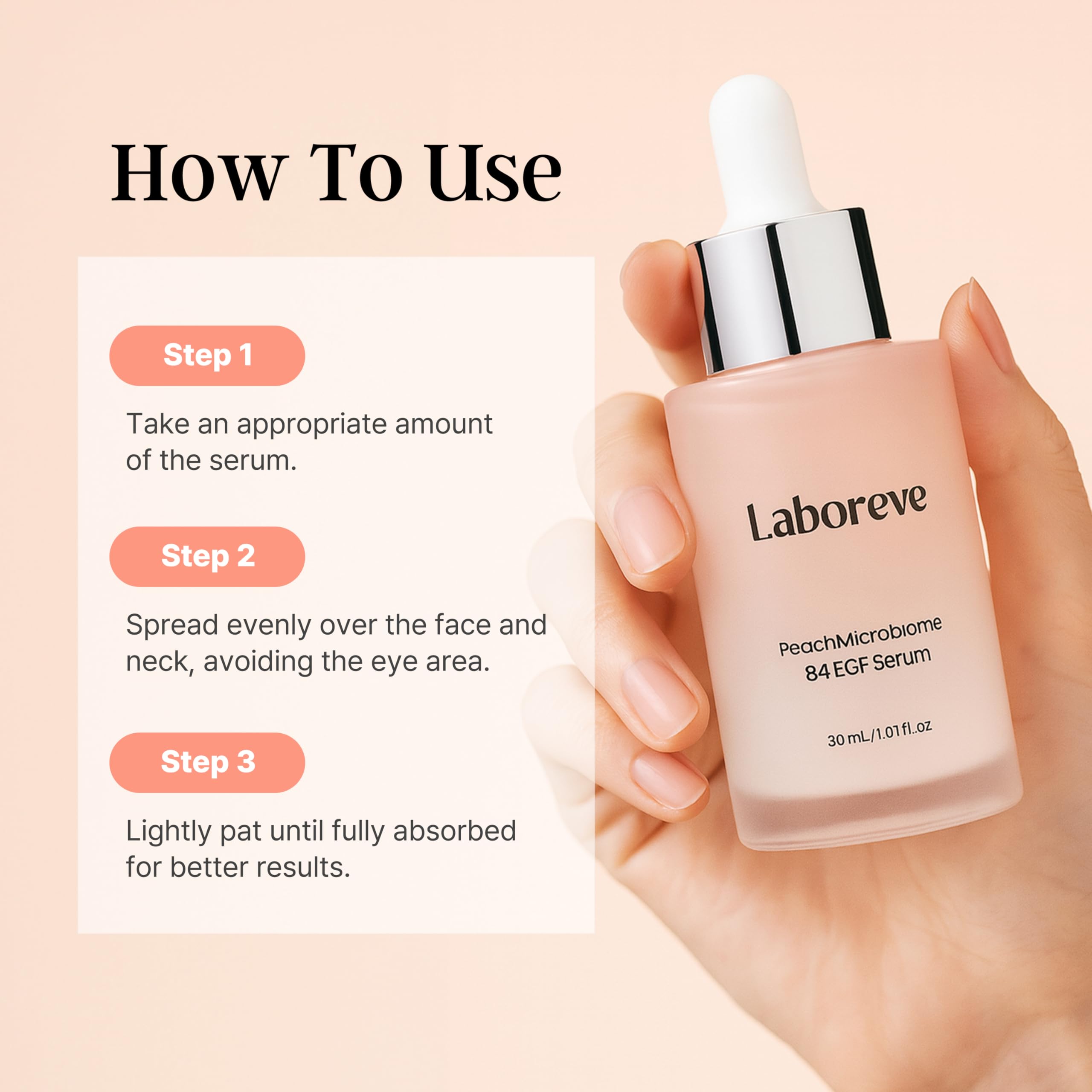 Laboreve PeachMicrobiome 84 EGF Serum bottle on wood for lifestyle shot.
