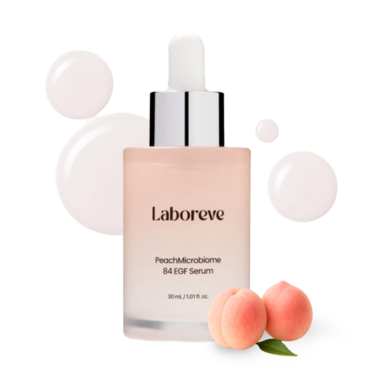 Laboreve PeachMicrobiome 84 EGF Serum bottle showcases sleek packaging for daily hydration.