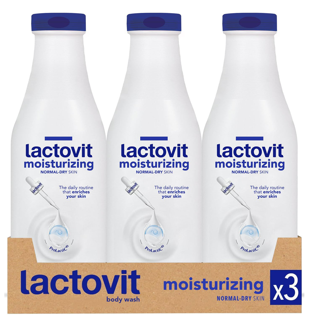 Lactovit Moisturizing Body Wash bottle front showing hydrating formula for daily use and soft skin.