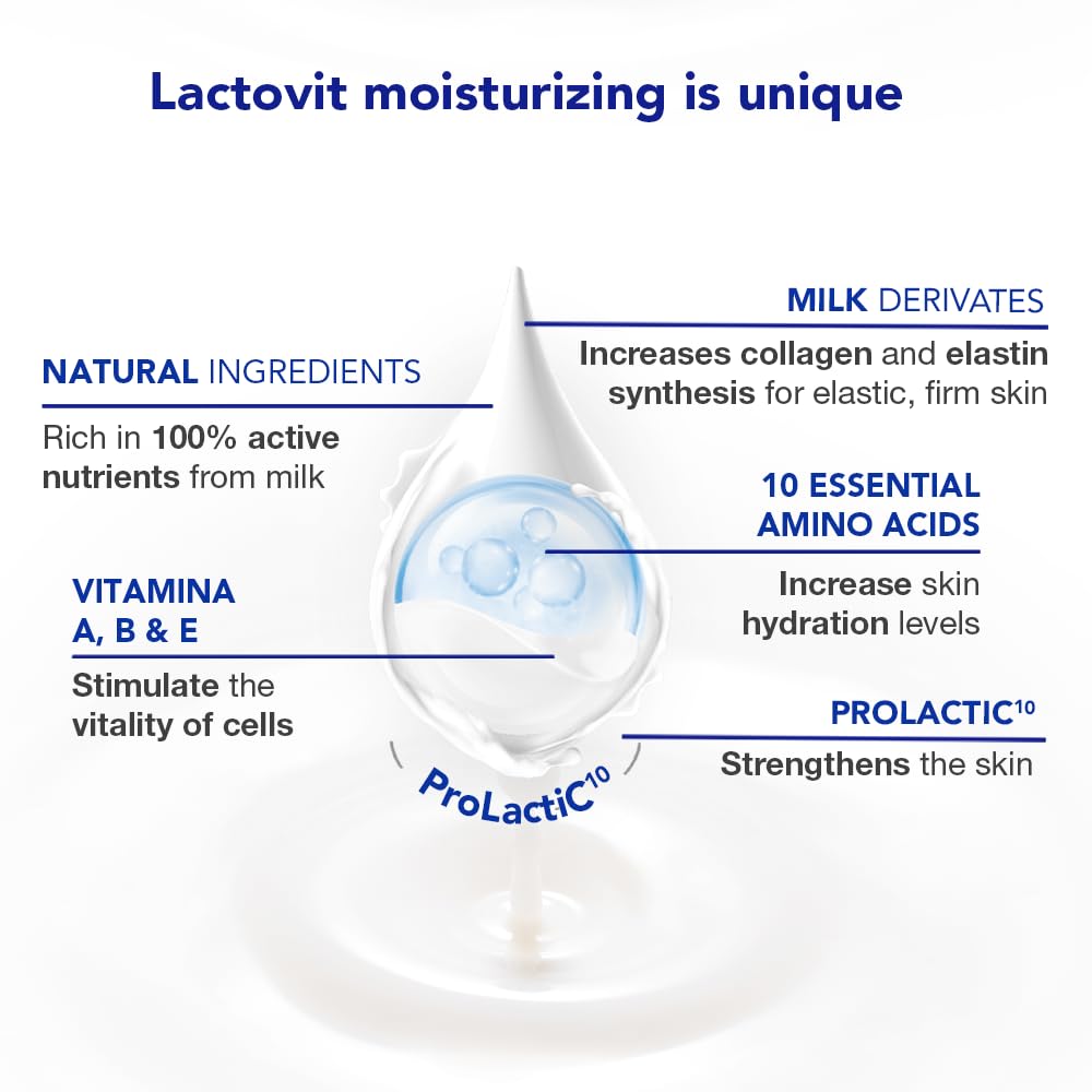 Lactovit Moisturizing Body Wash bottle with pump for easy, gentle cleansing on dry skin.