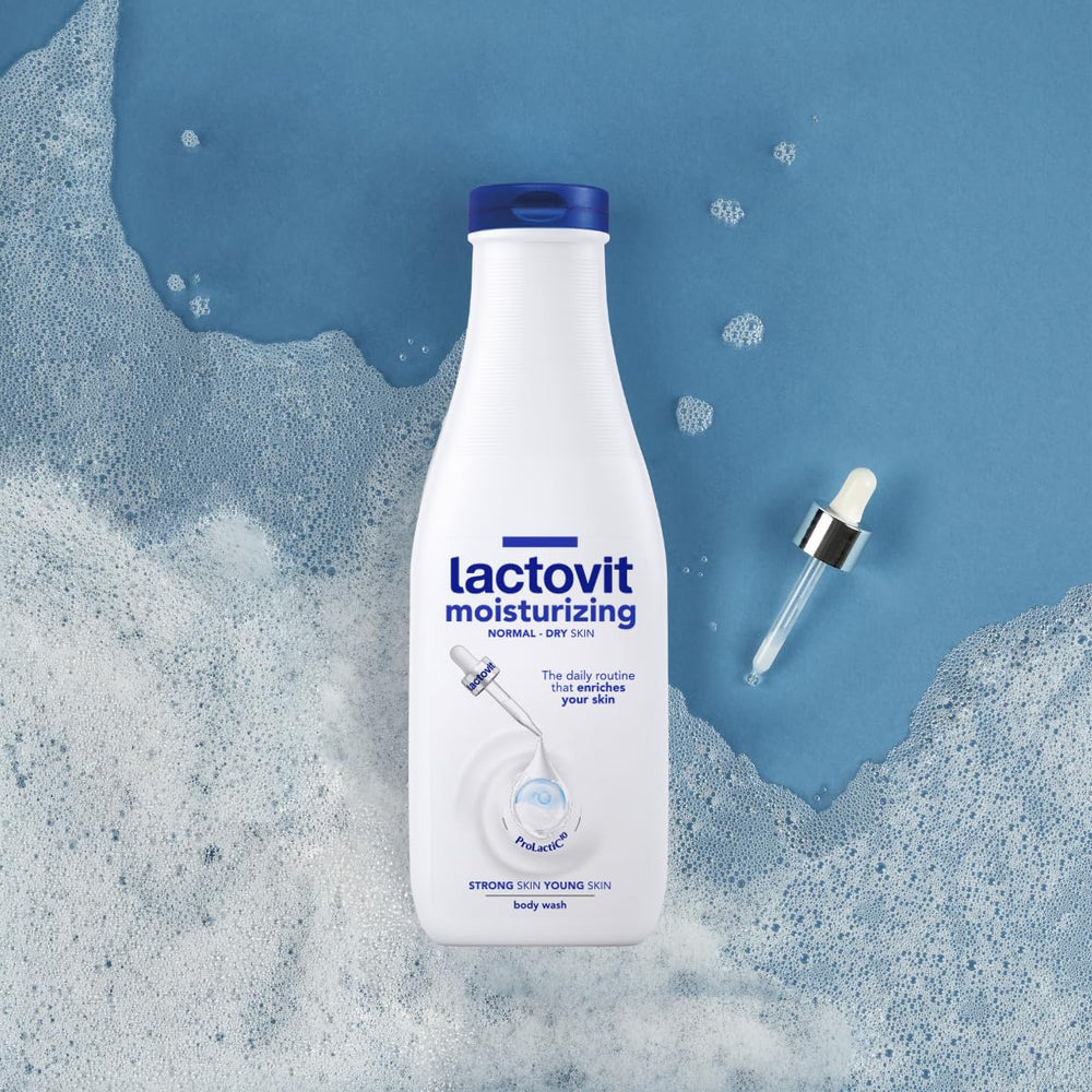 Lactovit bottle designed for normal to dry skin showing moisture balance benefits.