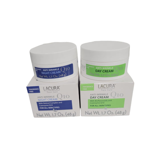 Lacura Q10 Anti-Wrinkle Day Cream bottle for radiant skin and daily protection.