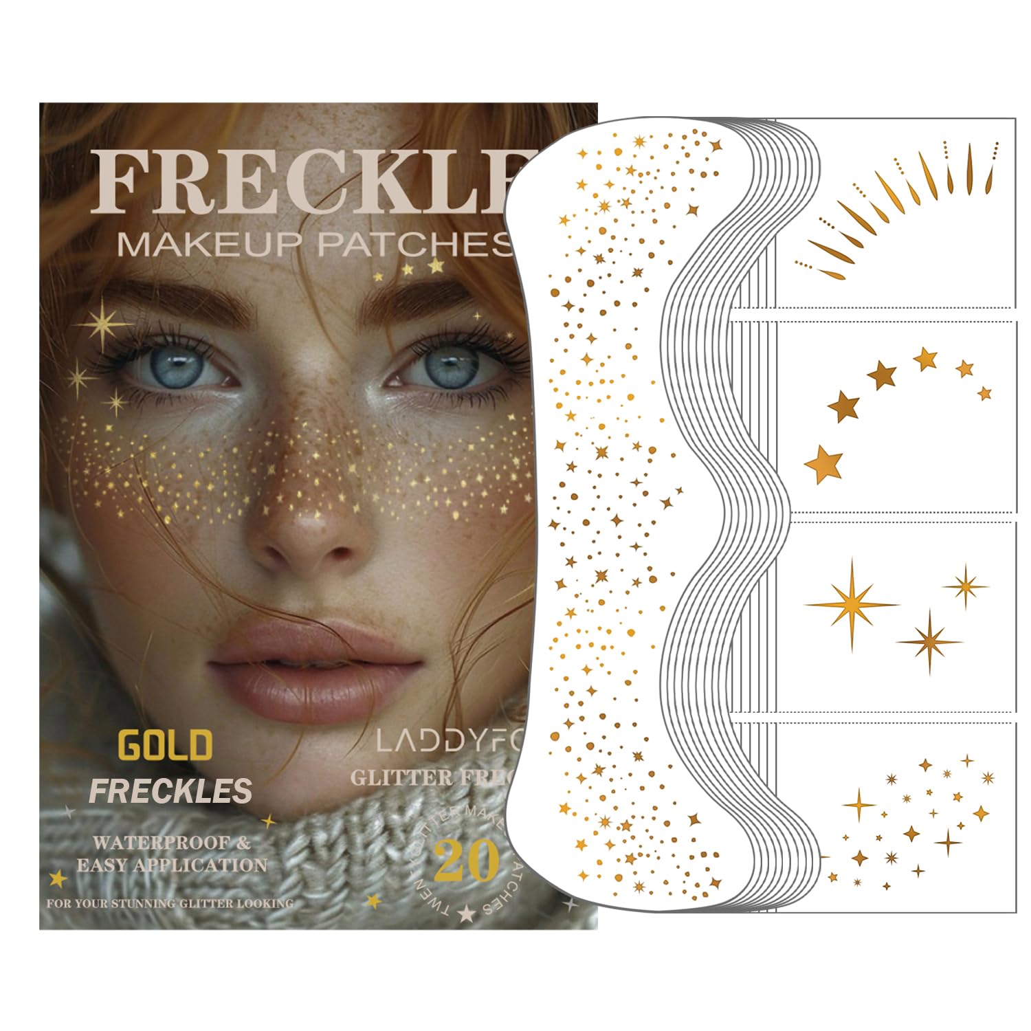 LADDYFOX gold glitter face patches close-up for festival sparkle.