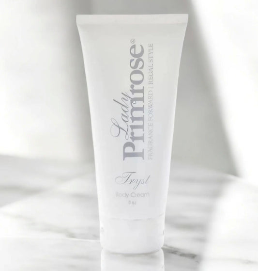 Lady Primrose Tryst body cream jar refill emphasizes sustainable luxury moisturization.
