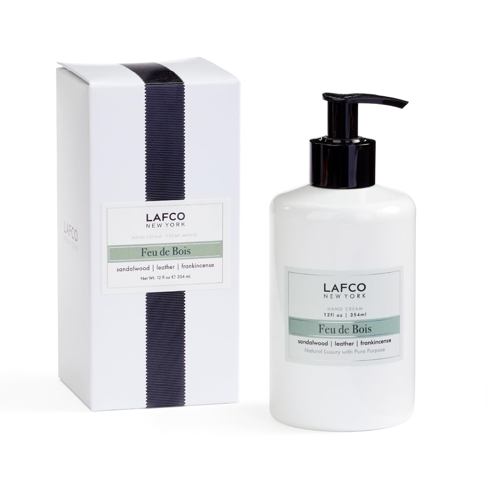 LAFCO New York Feu de Bois hand cream 12oz jar provides intense hydration for dry hands.