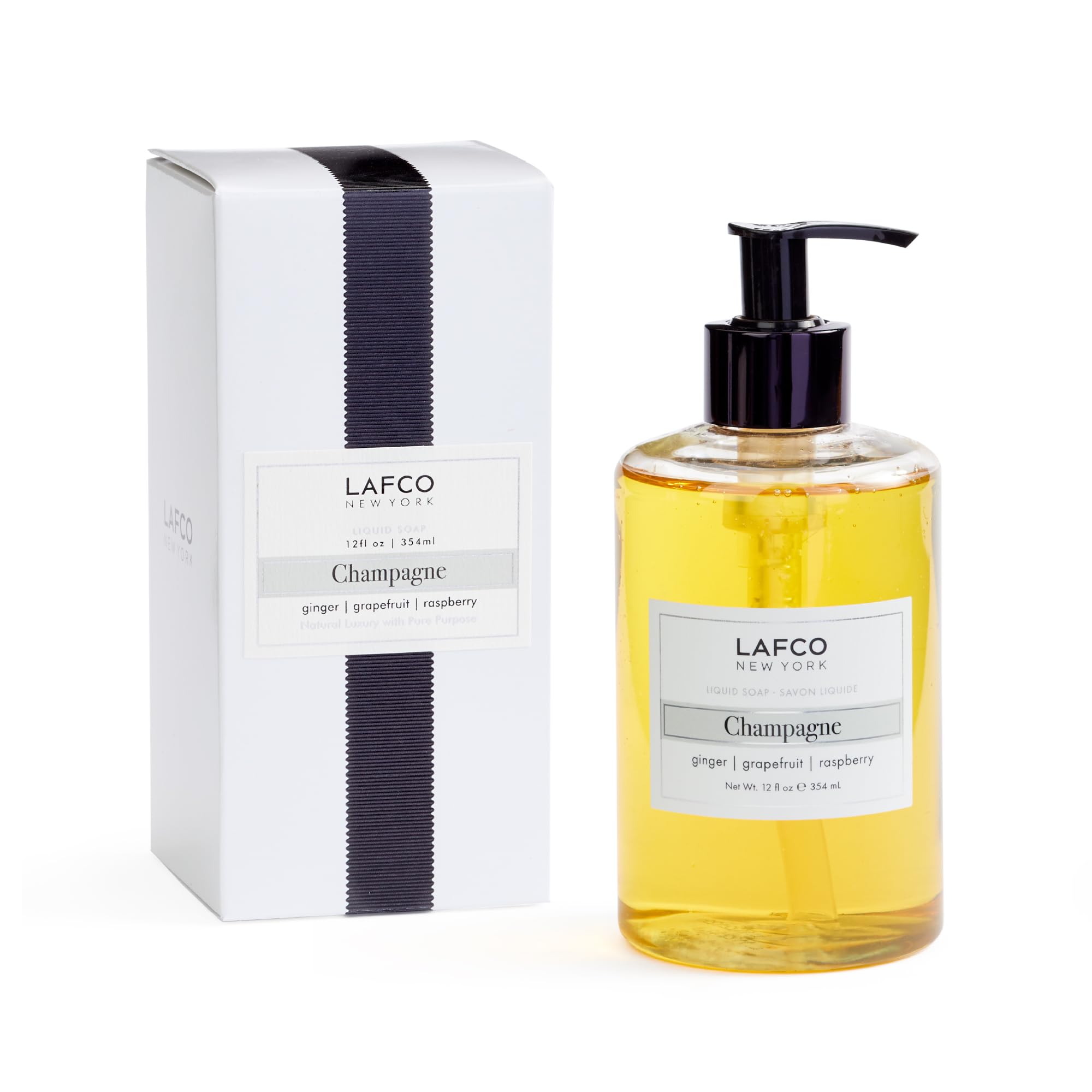 LAFCO New York Champagne liquid soap bottle shows olive oil-based formula for deep moisturization