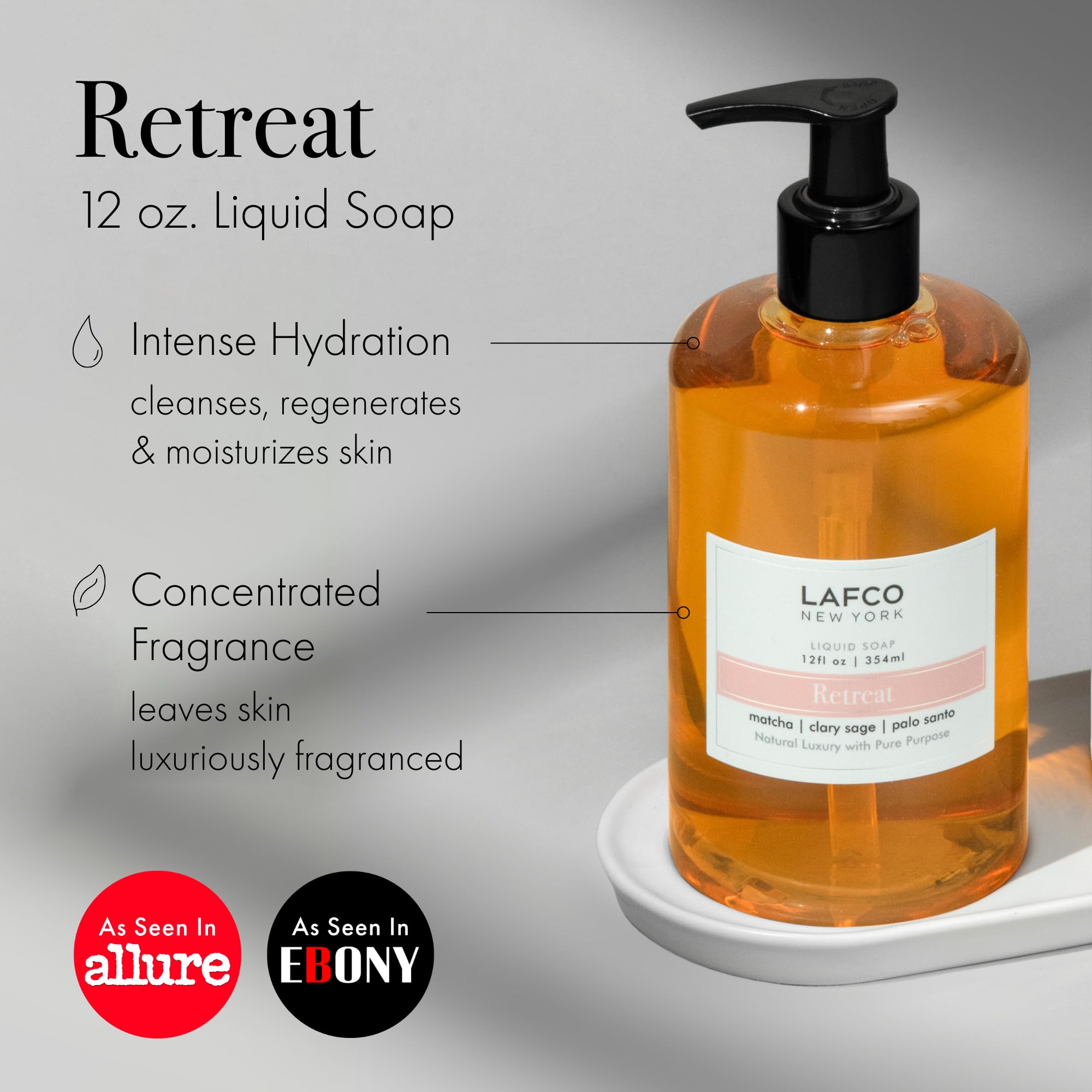 LAFCO Retreat pour shot highlighting quick lather and refreshing aroma.