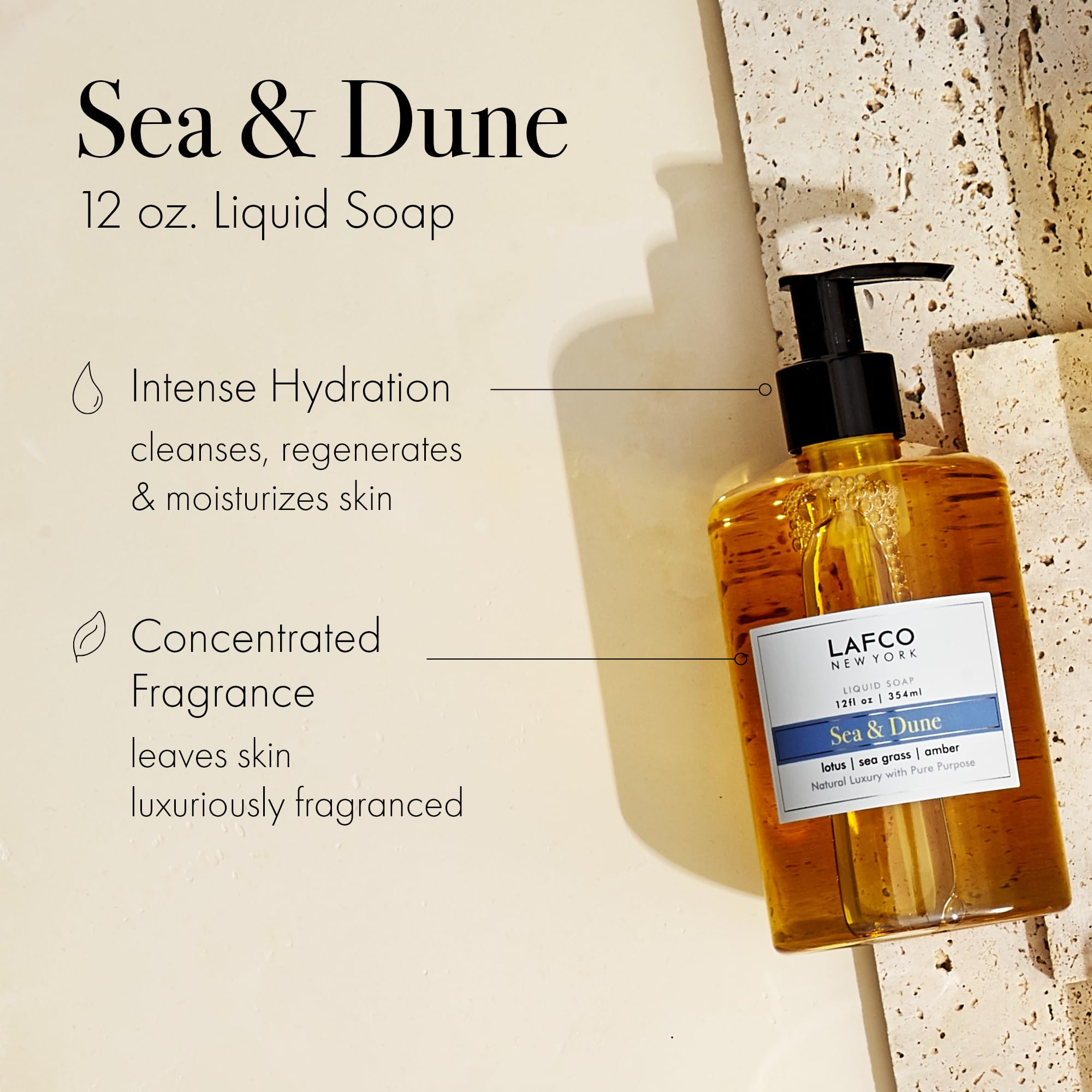 LAFCO New York Sea and Dune liquid soap bottle closeup emphasizes olive oil hydration