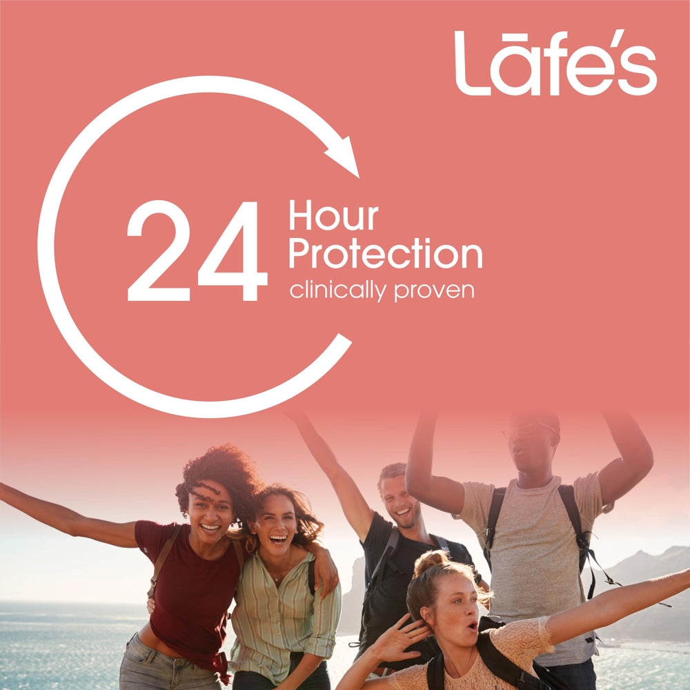 Lafe's deodorant spray in use, non-aerosol formula safe for skin contact.