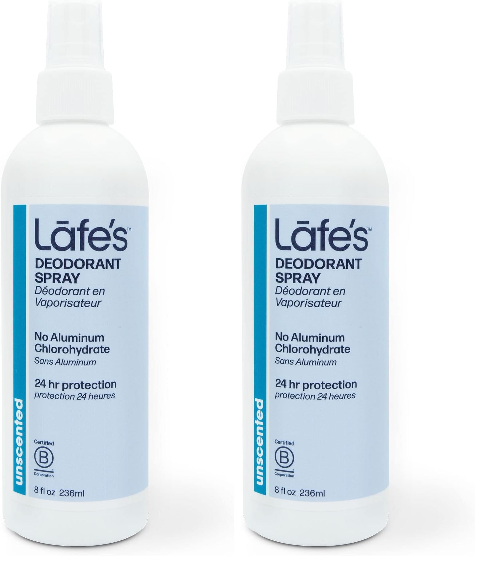 Lafe's unscented deodorant spray in an 8oz bottle for instant under-arm refreshment.