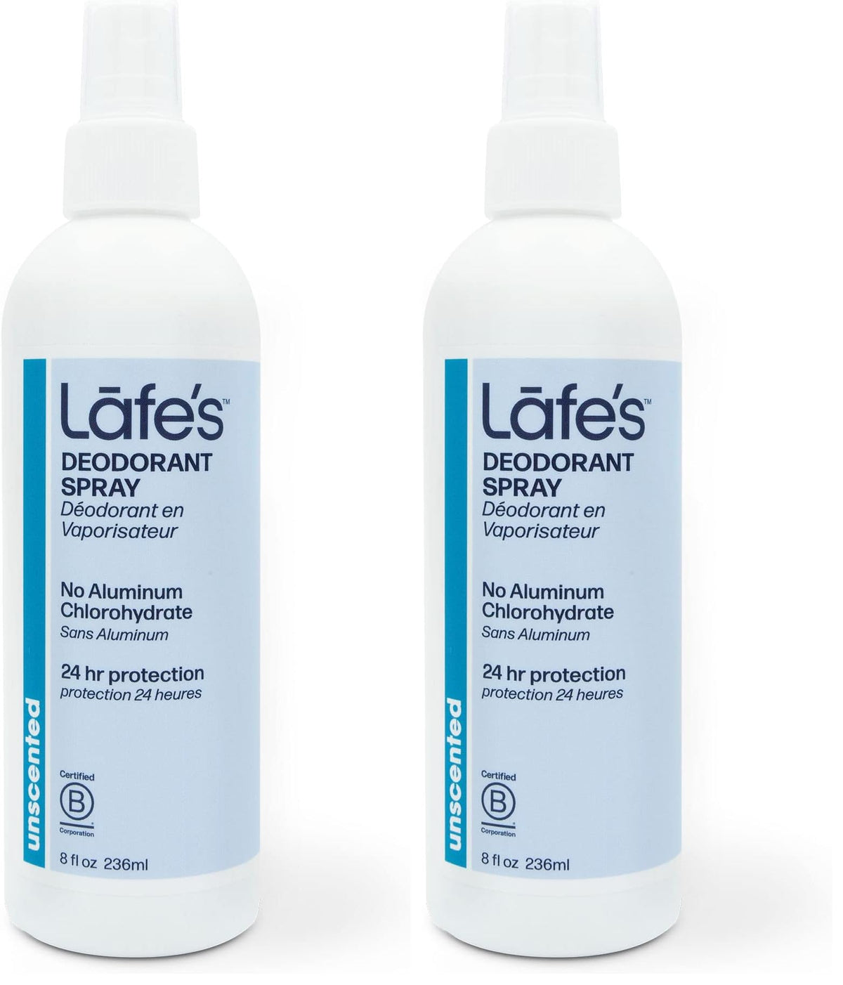 Lafe's unscented deodorant spray in an 8oz bottle for instant under-arm refreshment.