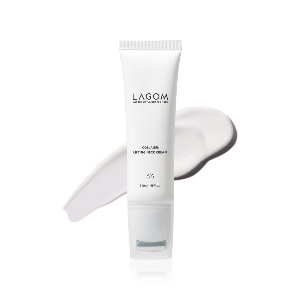 LAGOM neck cream with roller targets fine lines for a smoother neck.
