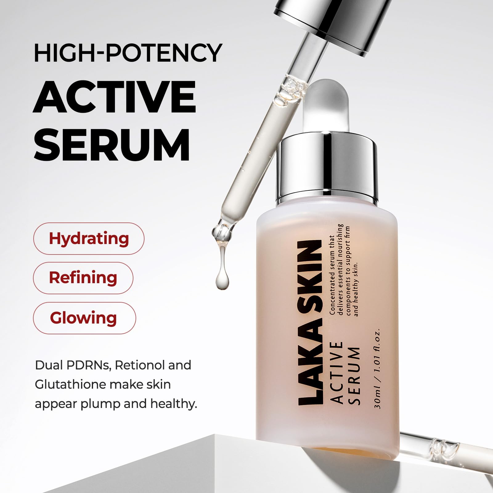 Laka Skin Active Serum pump-dispense detailed view for easy application