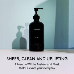 Lake & Skye 11 11 hand soap label closeup shows vegan, paraben-free formula.