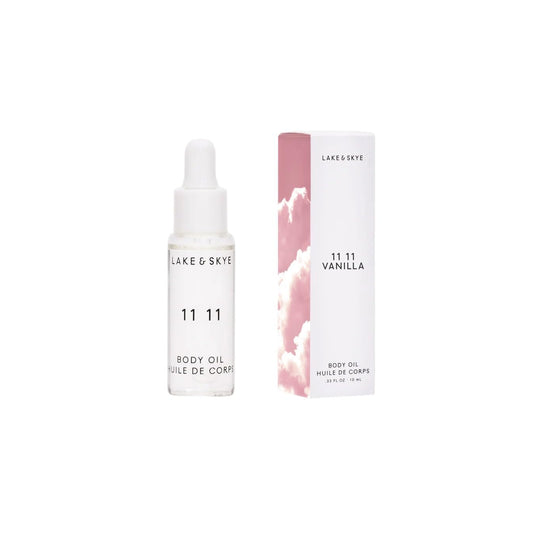 Lake &amp; Skye 11 11 Vanilla Body Oil bottle pour delivers quick hydration and soft musk.