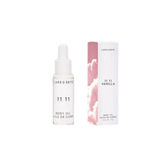 Lake &amp; Skye 11 11 Vanilla Body Oil bottle pour delivers quick hydration and soft musk.