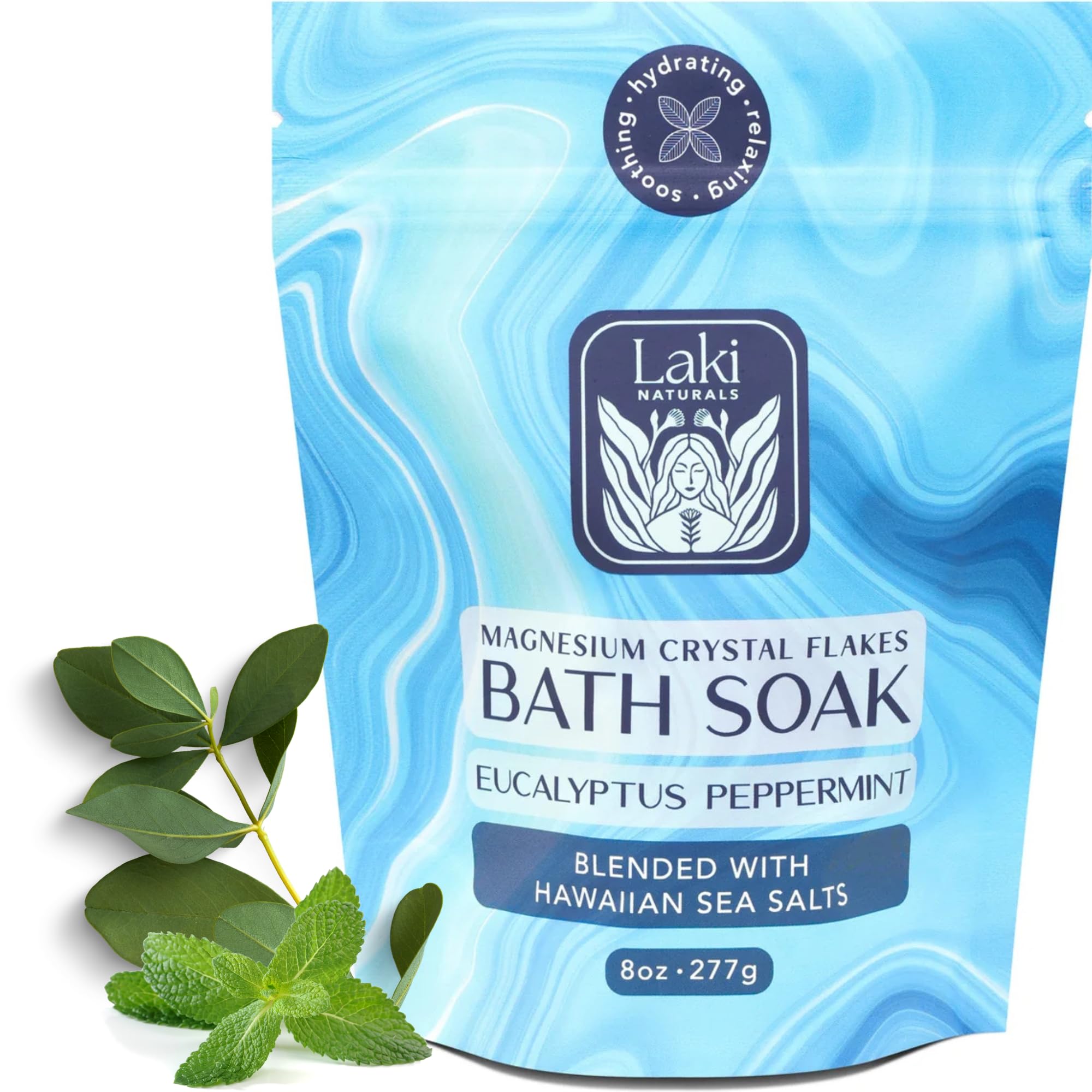 Laki Naturals bath soak with Mg flakes for a relaxing, muscle-soothing soak.