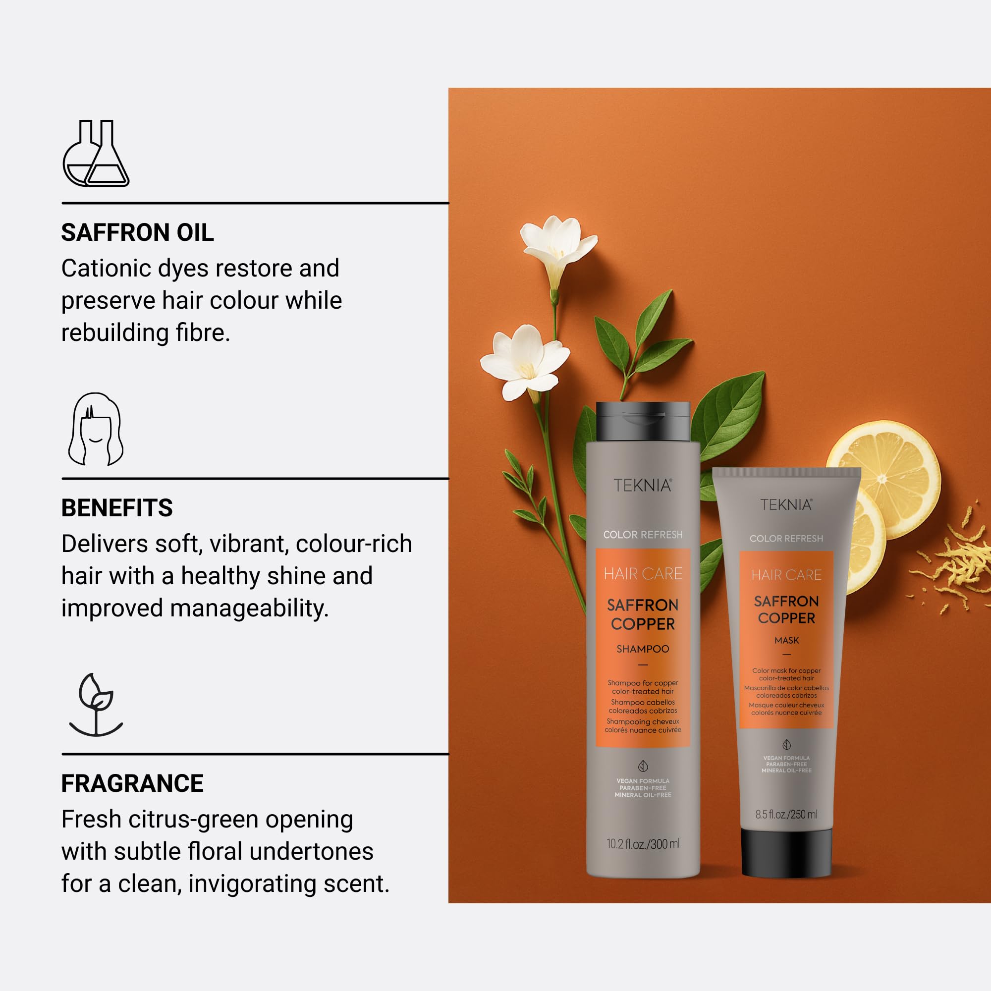 Lakmé Teknia Refresh Saffron Copper packaging emphasizes eco-friendly branding.