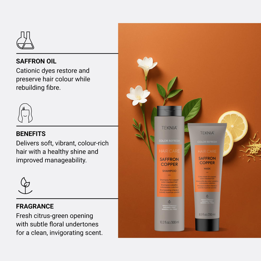 Lakmé Teknia Refresh Saffron Copper packaging emphasizes eco-friendly branding.