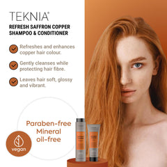 Lakmé Teknia Refresh Saffron Copper Shampoo swirl highlights warm red hues for copper-toned hair.
