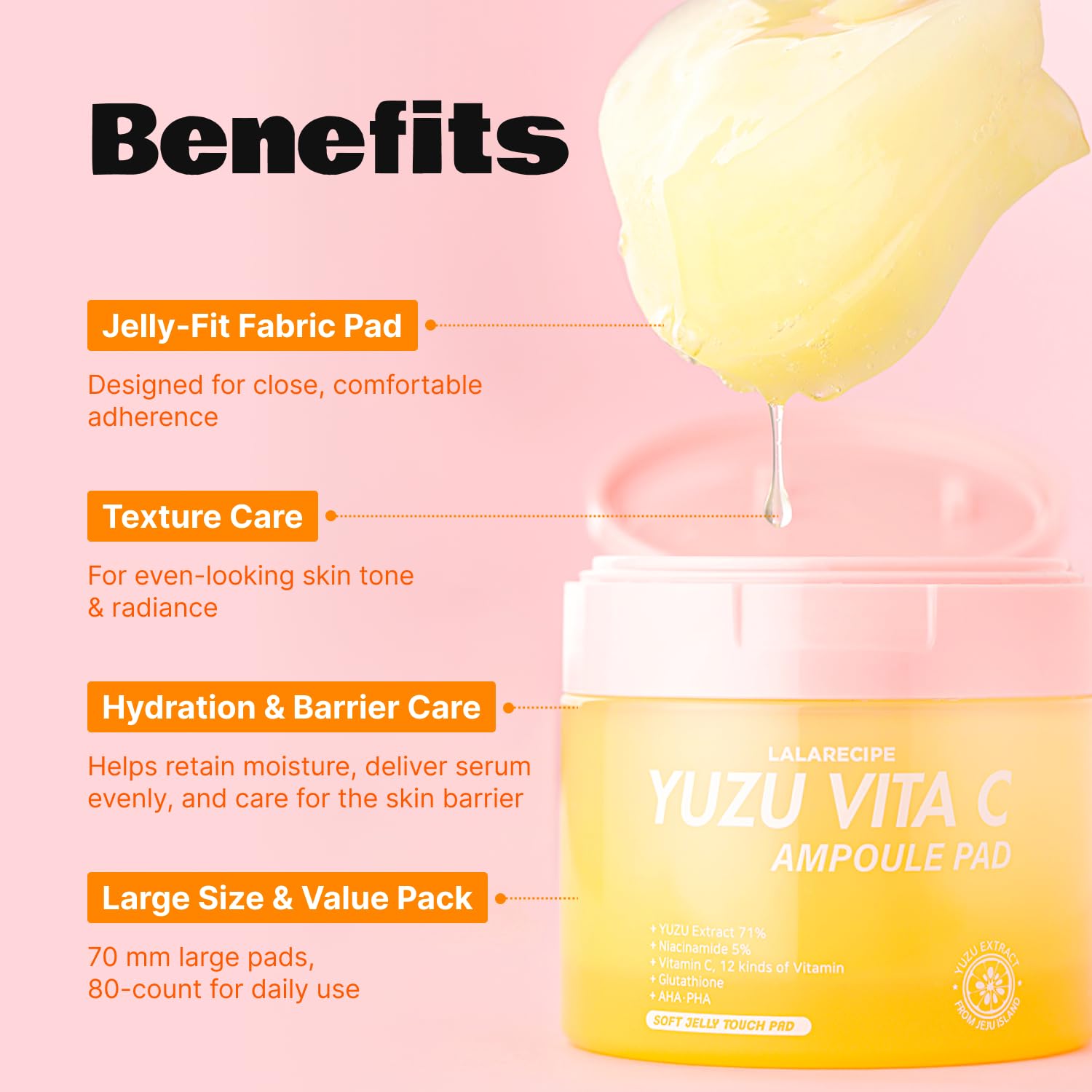 LALARECIPE Yuzu Toner Pads jar displays 80 pads for full-face use.