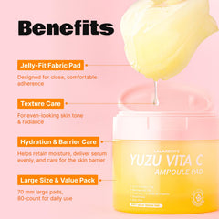 LALARECIPE Yuzu Toner Pads jar displays 80 pads for full-face use.