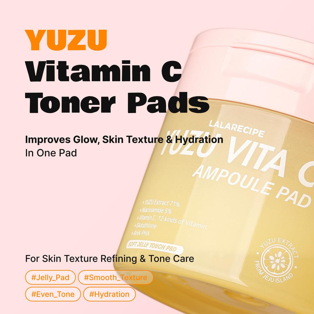 LALARECIPE Yuzu Toner Pads closeup jar emphasizes 71% yuzu extract.