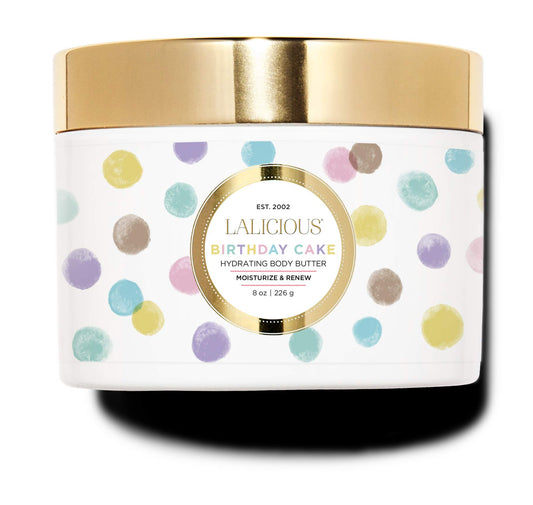 LaLicious Birthday Cake Shimmering Butter jar with soft pink glow for hydrated skin