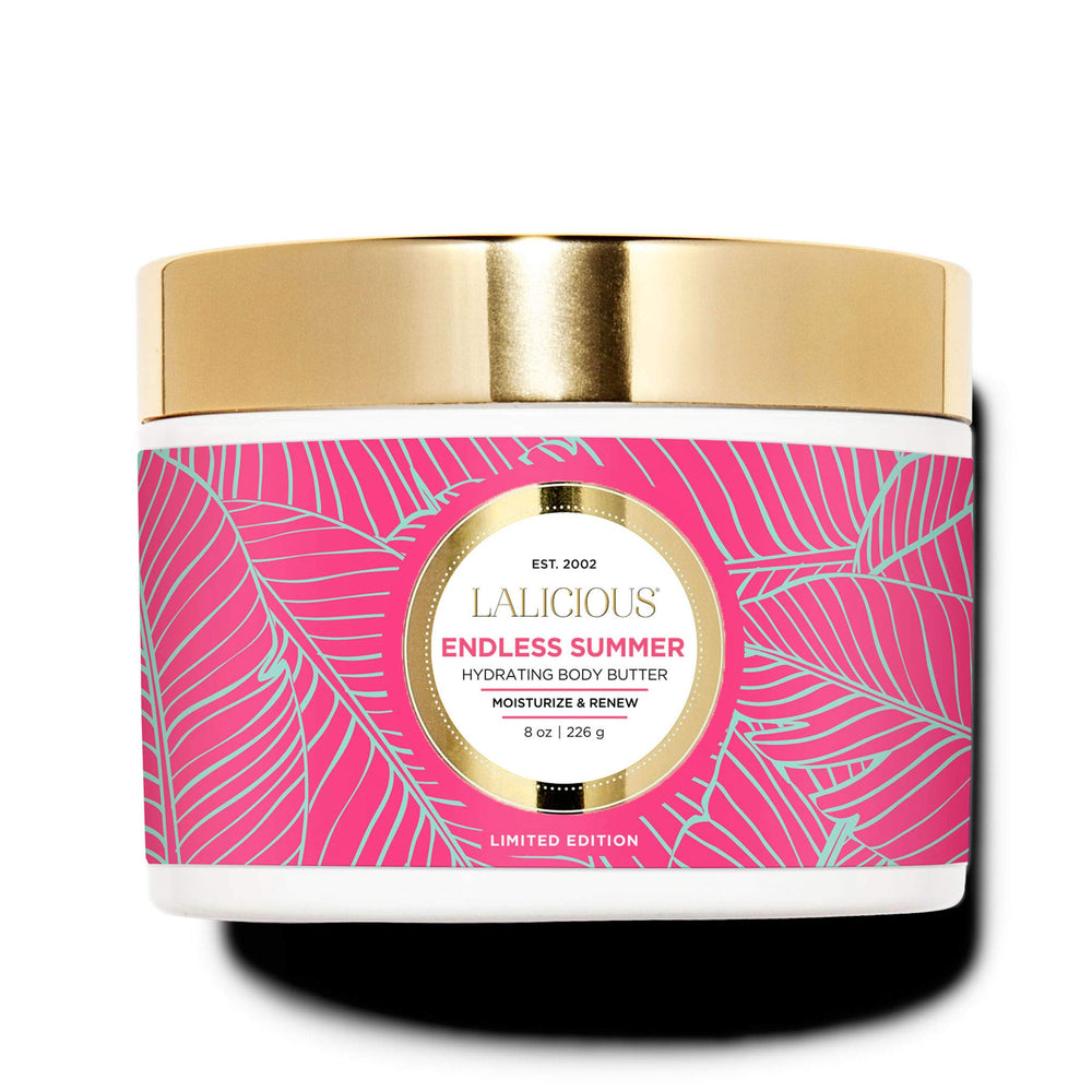 LaLicious Endless Summer Body Butter jar on a clean surface, hydrating moisturizer for daily use.