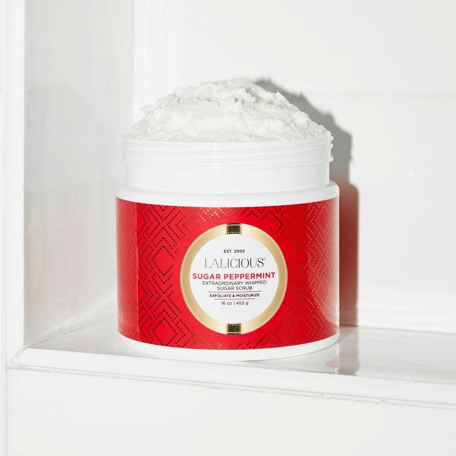 LaLicious Sugar Peppermint scrub cane sugar crystals close-up indicate gentle exfoliation.