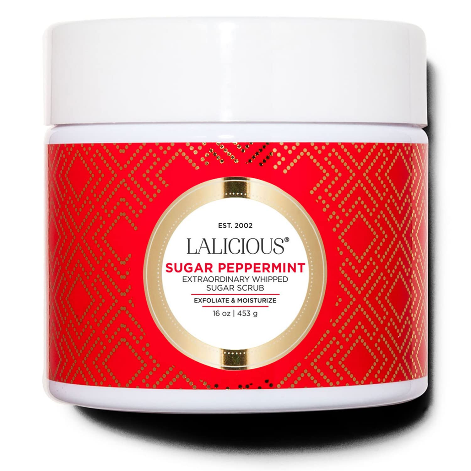 LaLicious Sugar Peppermint whipped scrub bottle close-up for cooling exfoliation.