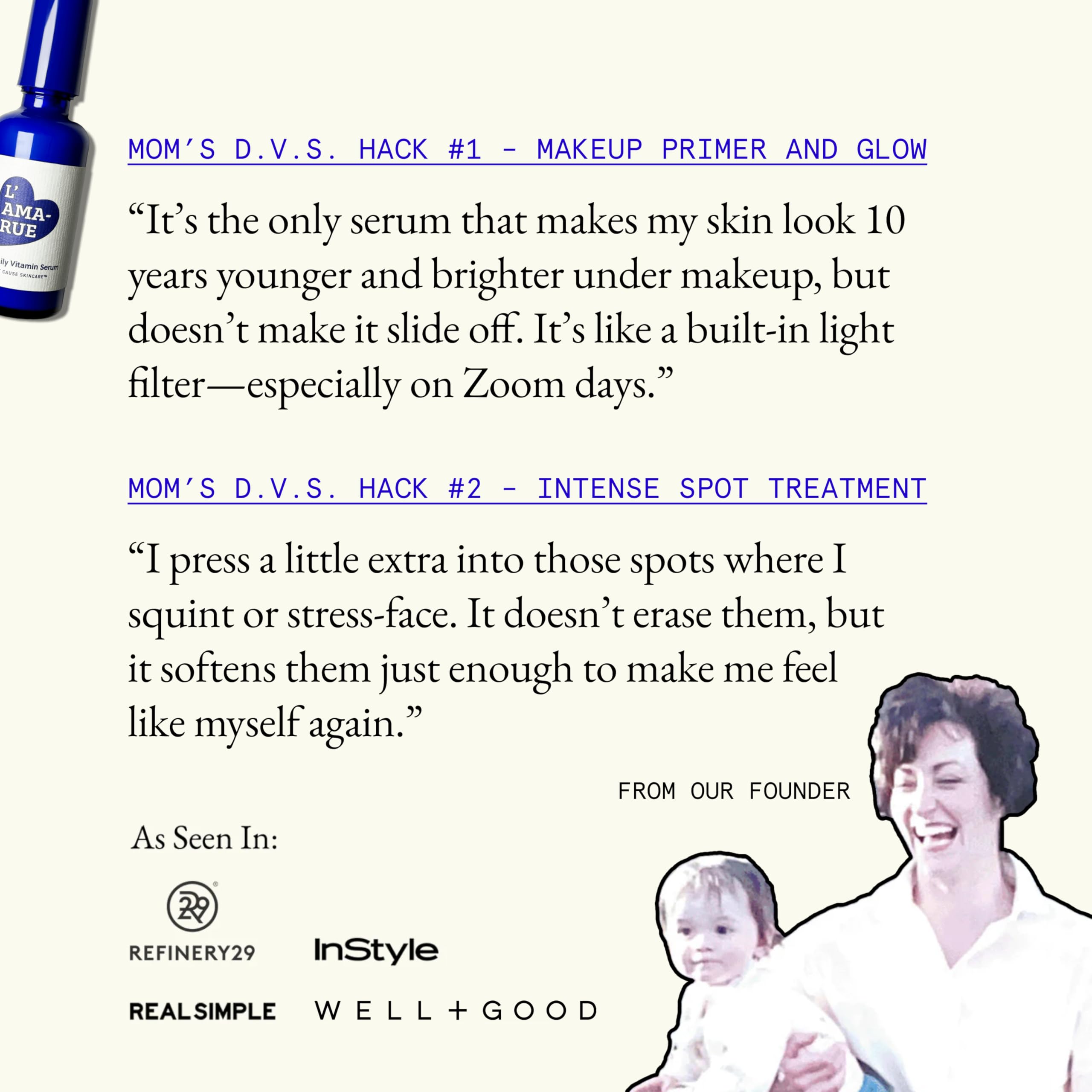Lamarue Daily Vitamin Serum ingredients chart highlighting Vitamin C and hyaluronic acid.