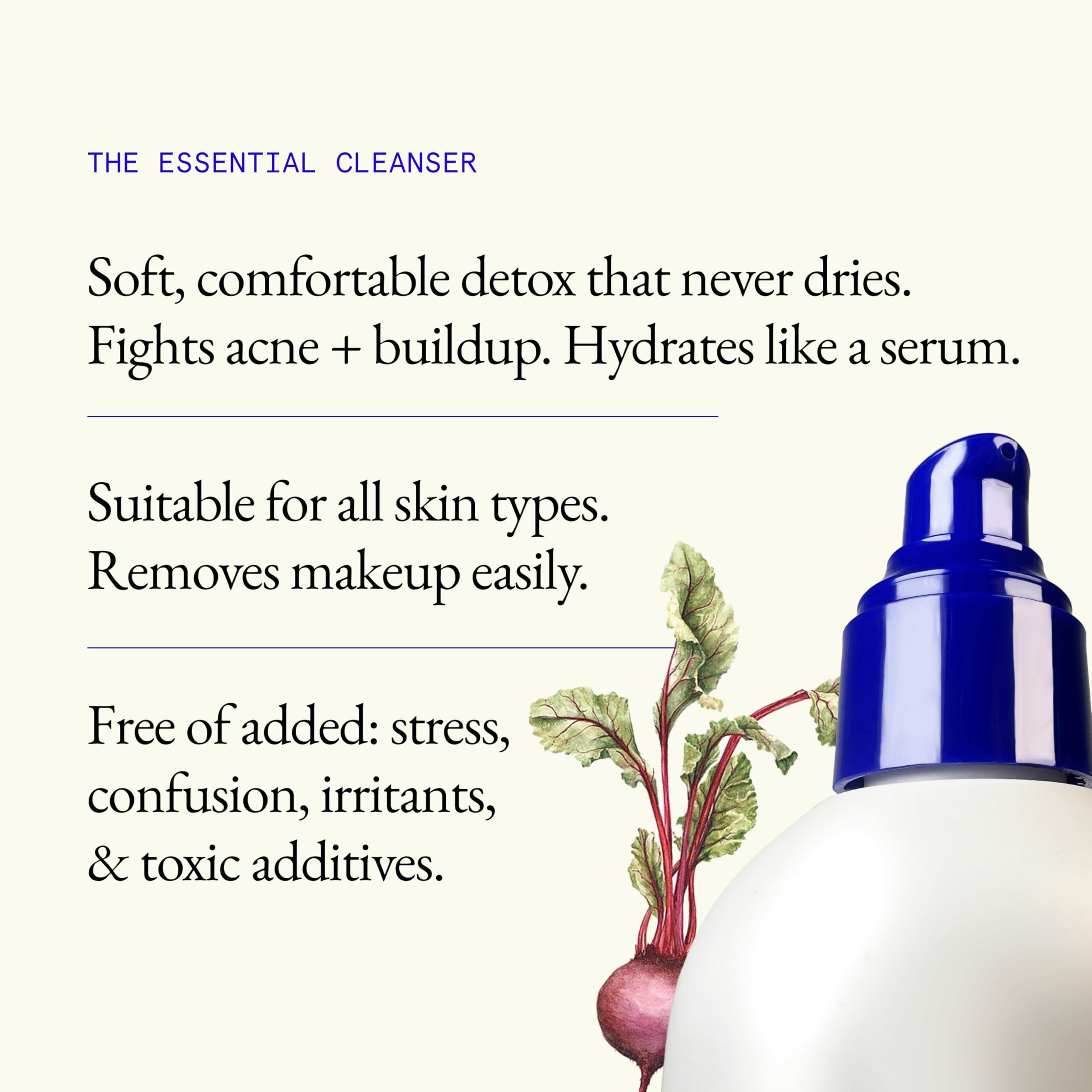 L'AMARUE Essential Cleanser bottle back, dermatologist-tested and fragrance-free for sensitive skin.