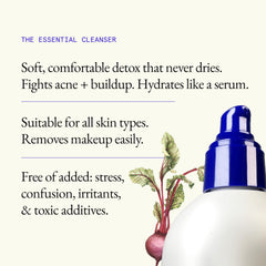 L'AMARUE Essential Cleanser bottle back, dermatologist-tested and fragrance-free for sensitive skin.