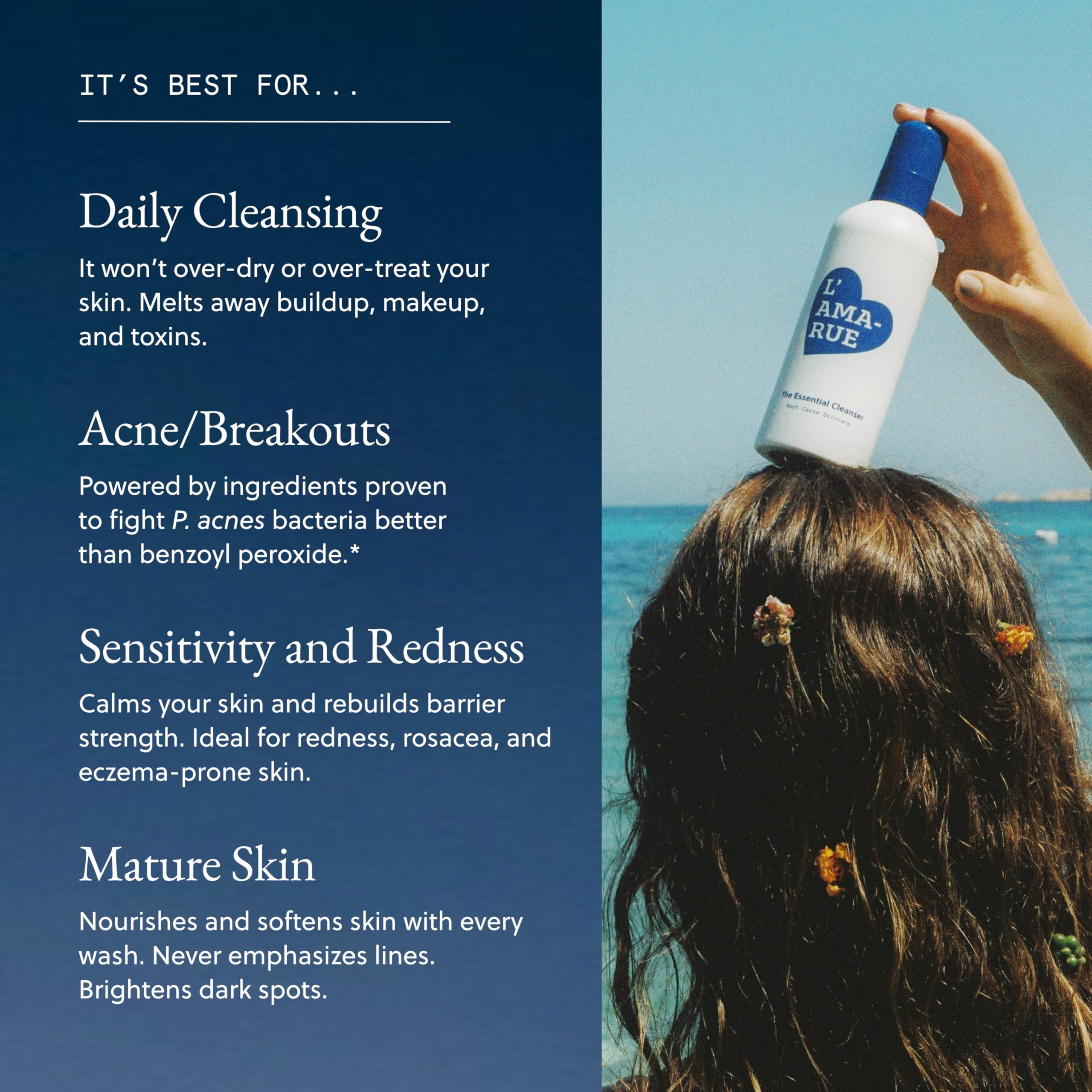 L'AMARUE Essential Cleanser foam close-up provides hydrating cleanse.
