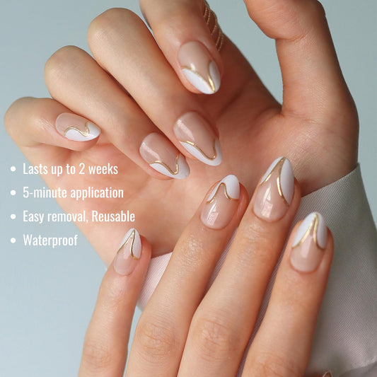 LAMIMOSA Swan Lake nails almond-shape close-up featuring the 3D gold line.