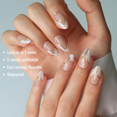 LAMIMOSA Swan Lake nails almond-shape close-up featuring the 3D gold line.