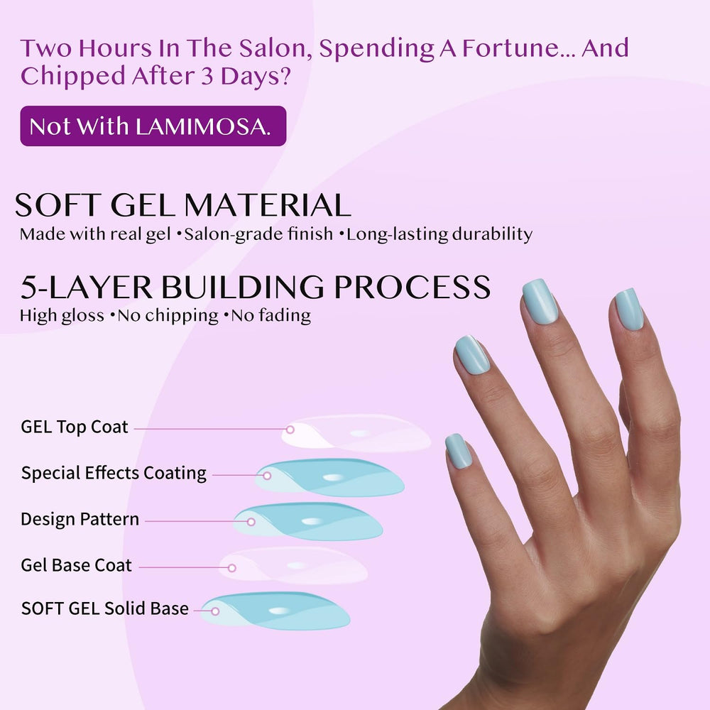 LAMIMOSA Swan Lake kit contents including nails glue tabs file cuticle stick prep pad.