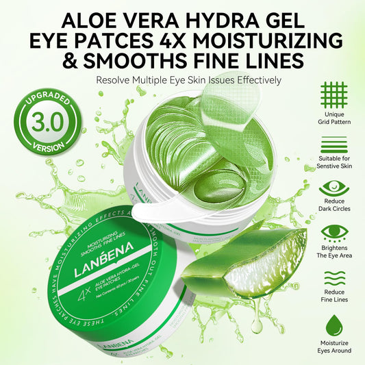 LANBENA Aloe Vera Under Eye Patches close-up texture showing cooling gel for refreshed under-eye skin.