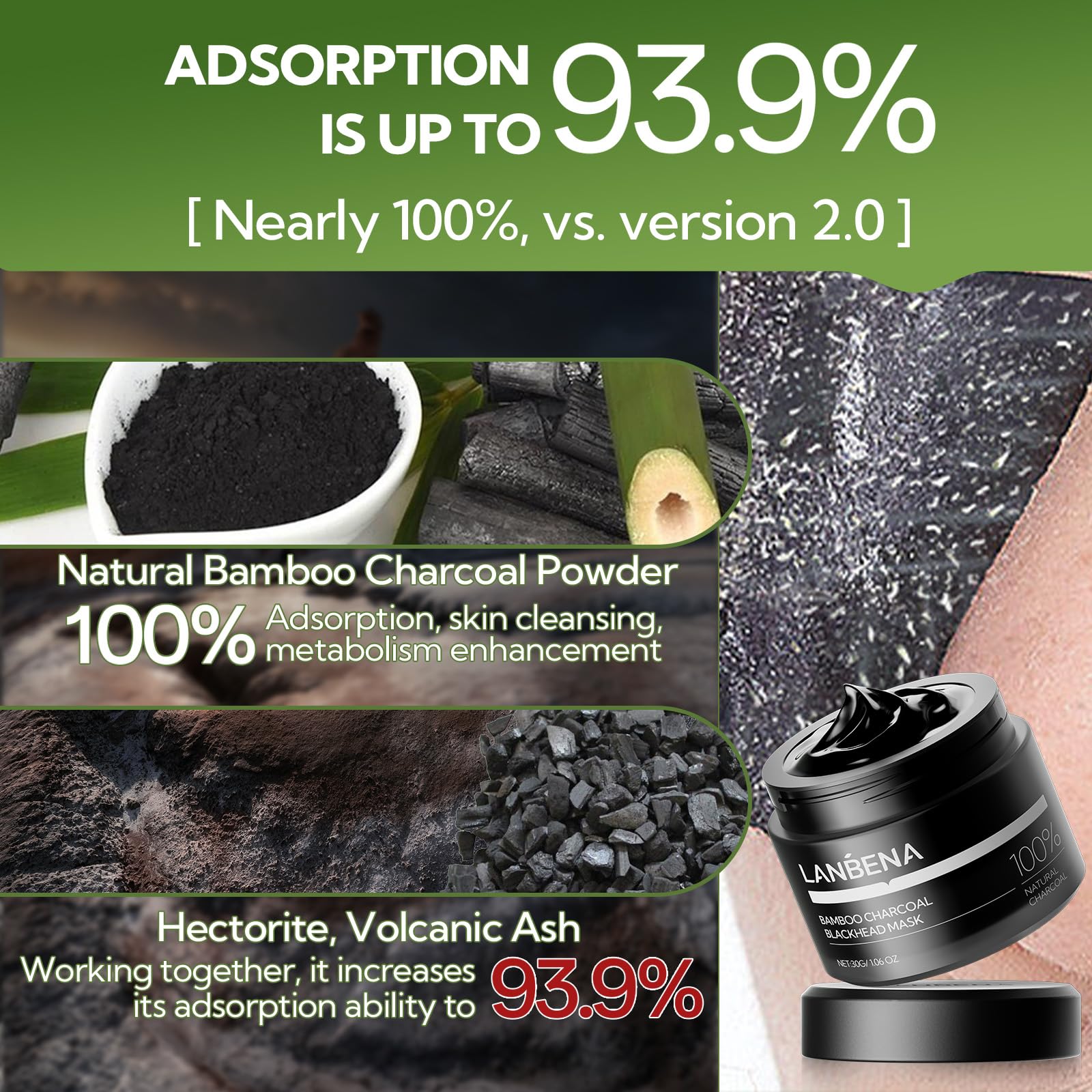 LANBENA charcoal mask texture close-up highlighting detoxifying surface.