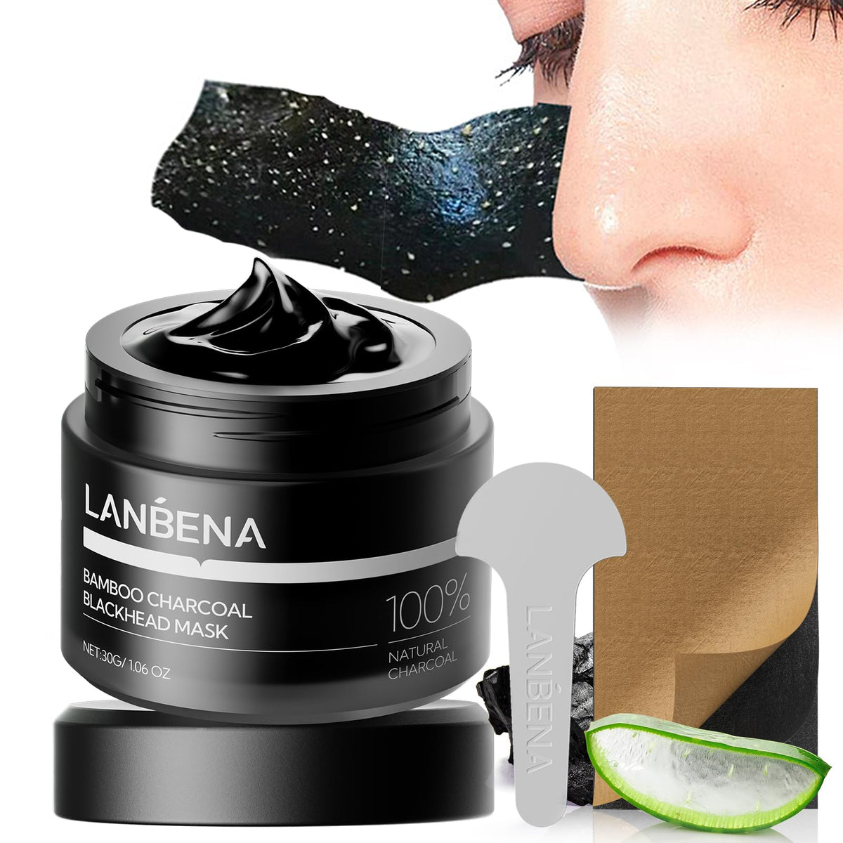 LANBENA Upgraded 2.0 bamboo charcoal nose mask packaging shown for deep pore cleansing