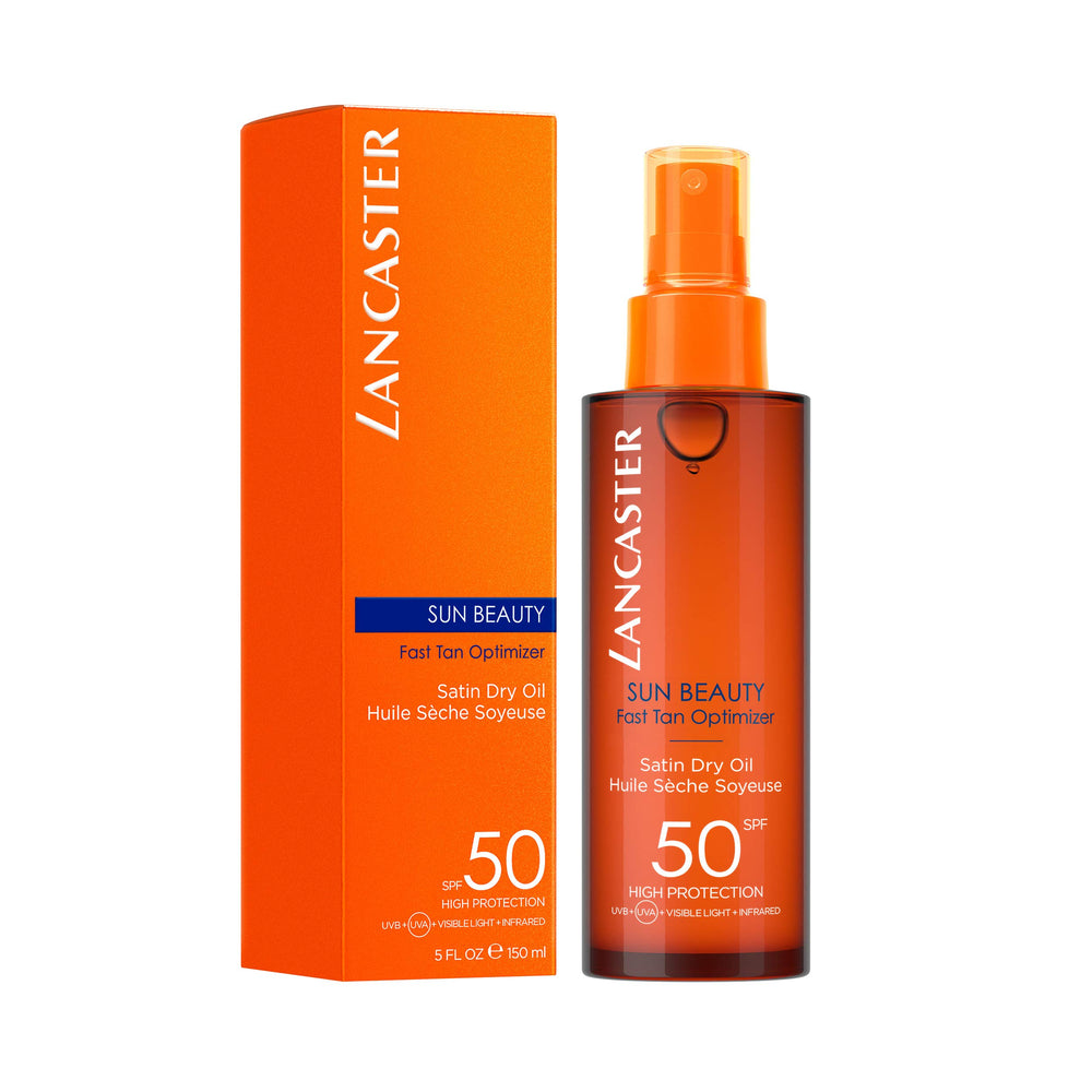 Lancaster Sun Beauty Dry Oil Fast Tan Optimizer pump-action bottle for easy application