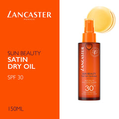 Lancaster Sun Beauty SPF 30 label on bottle indicating sun protection and bronzing potential.