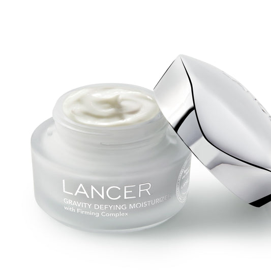 Lancer Gravity Defying Moisturizer jar close-up reveals creamy texture for plumper-looking skin
