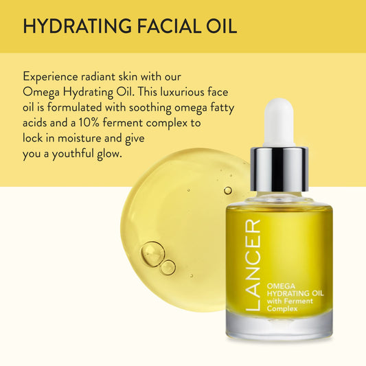 Lancer Omega Hydrating Oil ferment complex illustration highlights 10 percent for moisture.