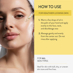 Lancer Omega Hydrating Oil neck décolletage view shows gentle daily hydration.