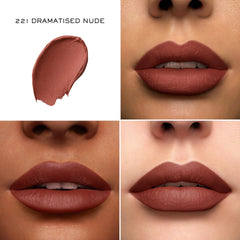 Lancôme L'Absolu Rouge Drama Matte 221 closeup lip reveals rich pigment and soft finish.